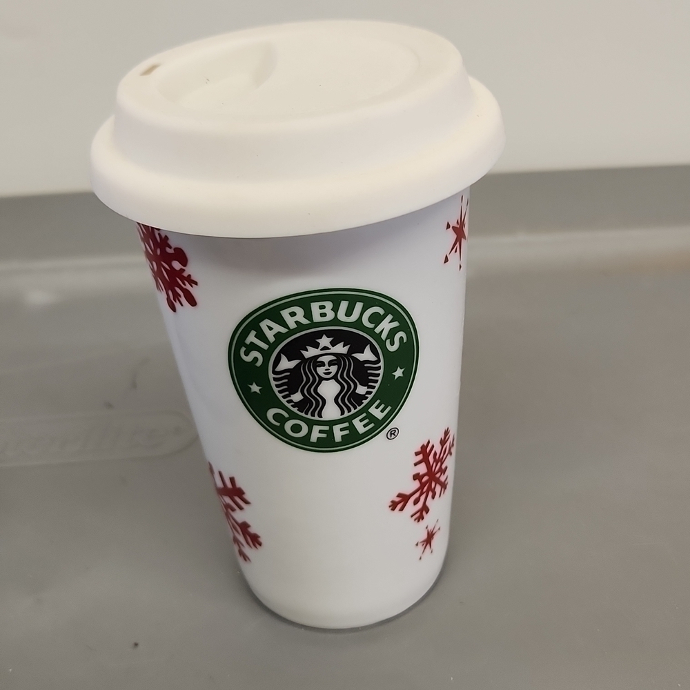 Starbucks 2010 Red Snowflake White Ceramic Holiday Coffee Mug Cup